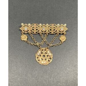 Vintage Victorian Revival Brass Tone Dangle Chain Brooch Rhinestones Festoon